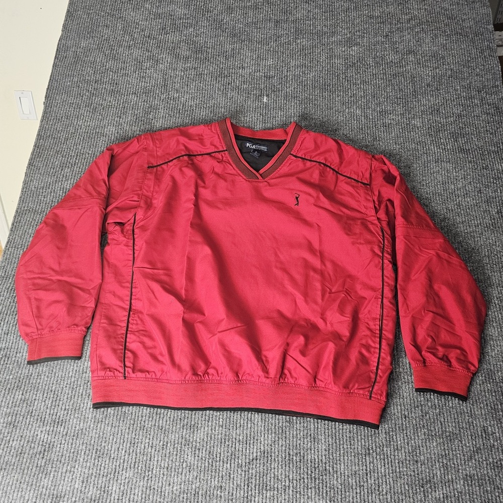 PGA Tour Jacket Mens XL Red V Neck Pullover Golf Lightweight Windbreaker Lined
